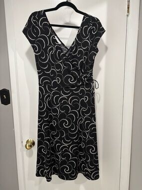 London Style Black Wrap Midi Dress with White Swirl Dot Print